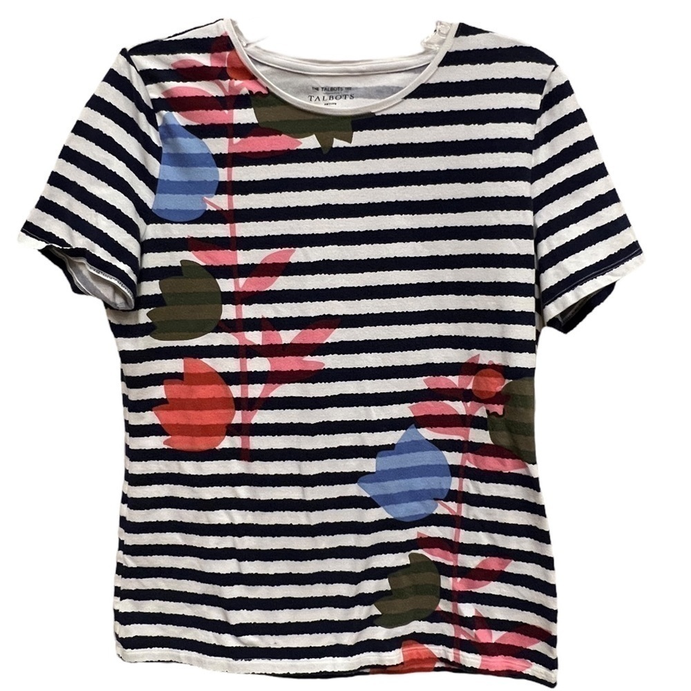 Talbots Tee Short Sleeve Navy Stripes & Tulips, Petite Medium